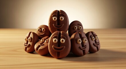 Humorous Coffee Beans Group Animated Clay Faces Happy Expression Wooden Table.