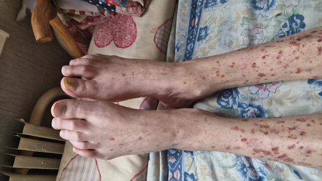 Top-down view of an elderly patient's legs and feet with skin discoloration, showing senile purpura, age spots, and petechiae. The patient is resting in bed, representing geriatric dermatology.