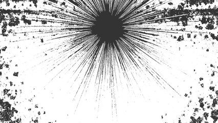 Black starburst radiating lines with distressed grunge texture and speckles abstract background