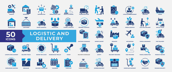 Logistics and Delivery icon set. Containing supply chain, Logistic, inventory, distribution, route planning, transportation, delivery, planning and management. Simple Flat Vector Illustration.