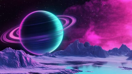 Futuristic alien landscape with neon ringed planet - Powered by Adobe