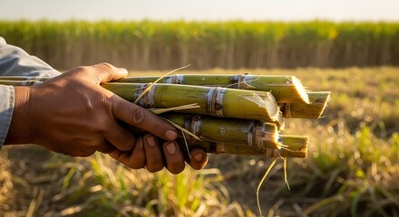 Farmer Holds Freshly Harvested Sugarcane Stalks in Field Cultivation with Blurred Green Crop Background Symbolizing Agriculture and Sweetness
