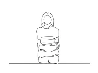 Continuous line art drawing of cleaning maid holding folded towels. Housekeeper holding stack of towels. in single outline illustration.