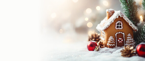 Gingerbread house banner. winter holiday decoration, festive atmosphere, Christmas sale, special offer, bakery promotion, cozy winter scene, holiday baking, Christmas lights, sweet treats. Copy space