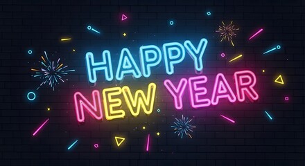 Neon happy new year celebration festive bright lights night sky