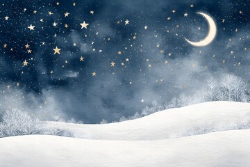 Watercolor stars and moon over snowy hills with small greeting in soft script dreamy feel