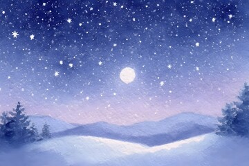 Watercolor stars and moon over snowy hills with small greeting in soft script dreamy feel