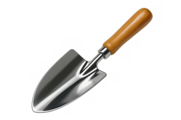 Garden trowel featuring a wooden handle and stainless steel head, ready for planting and digging tasks, isolated on a transparent background