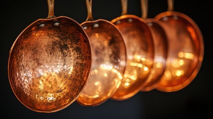 Row of Tarnished Copper Pots Hanging In A Kitchen