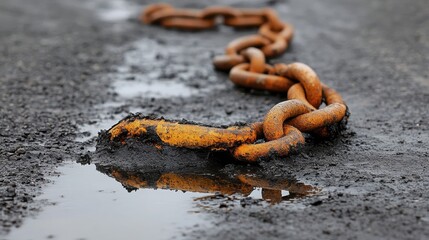Rusty Chain Resting on Damp Earth With Water Reflection