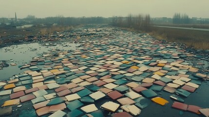 Fototapeta premium Scattered Colorful Roof Tile Debris Spreading Across a Landscape