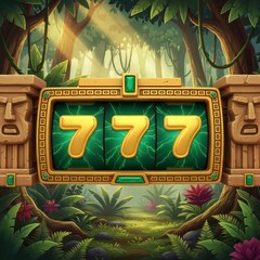 Jungle temple slot machine showing gold jackpot  777 in rainforest light perfect for online gambling casino