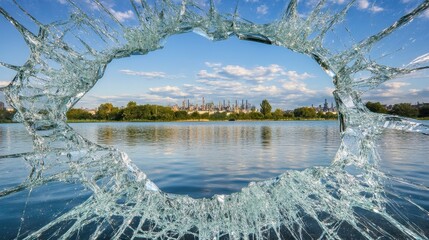Shattered glass framing a scenic waterfront landscape view