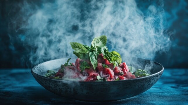 Steaming bowl of Vietnamese Pho noodles with fresh herbs