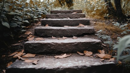 Stone steps in a ruined state with autumn leaves scattered