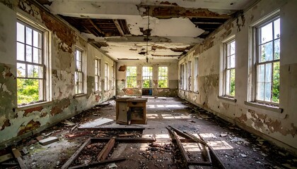 Dilapidated room with peeling paint and debris, lit by sunlight through windows
