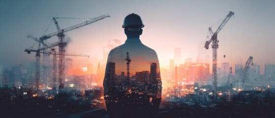 Engineer overlooking construction cranes and city lights at sunset