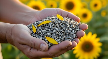 Farmer hands holding abundant sunflower seeds with yellow petals in a field of blooming sunflowers a symbol of growth and harvest season