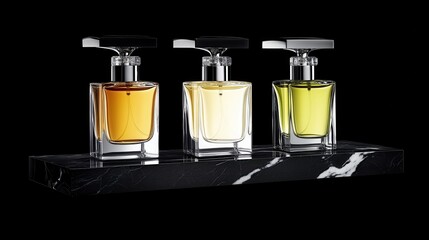 Three perfume bottles displayed on a black marble shelf