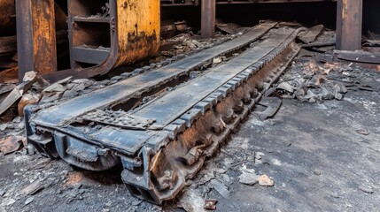 Tangled Discarded Industrial Conveyor Belt with Damaged Tracks