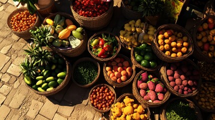 Various fresh fruits and vegetables displayed in market baskets
