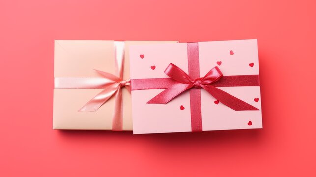 Two beautifully wrapped gift boxes in soft pastel colors, adorned with shiny ribbons and heart-shaped decorations, creating a festive and romantic atmosphere for special occasions