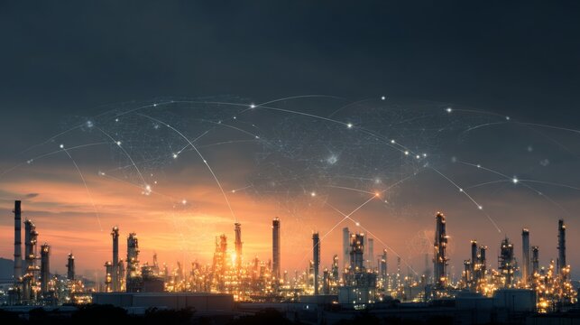 Global oil refinery network connection at sunset with digital technology lines