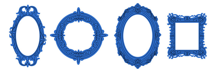 set of blue decorative frames in the Baroque style with floral ornaments. Circle, oval, and square in bright blue. A collection of elegant design elements for wedding invitations and luxurious decor