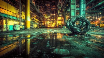 Twisted metal girders inside a decaying industrial factory