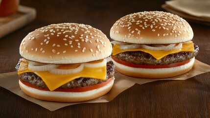 Two delicious cheeseburgers with sesame buns and fresh toppings