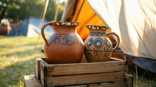 Two Antique Clay Water Jugs with Chipped Rims on a Crate