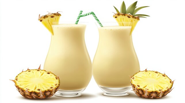 Two Pina Colada Cocktails with Pineapple Garnishes on White