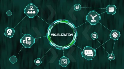 Futuristic data visualization network concept featuring connected digital icons, circular analytics hub, and abstract technology interface for modern business insight. - Powered by Adobe