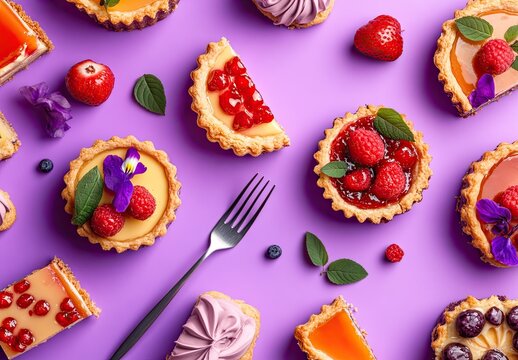 Mini fruit tarts with colorful berries and edible flowers on a vibrant purple background, with a silver fork