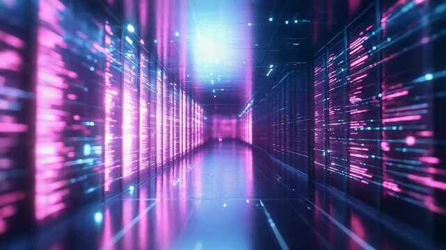 Digital data center processing information with neon lighting