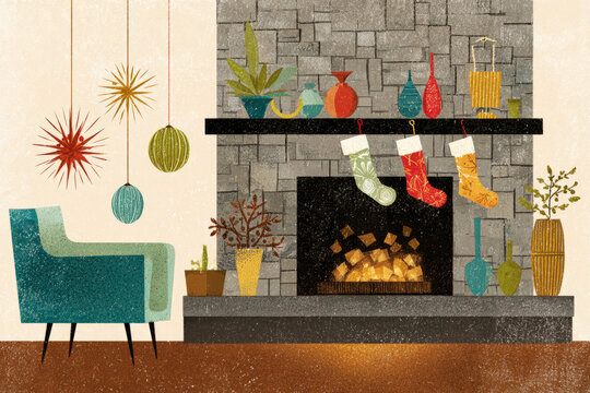 A vibrant living room showcases a retro 50s and 60s Christmas theme decorated with a colorful tree, stockings, and stylish furnishings. The warm fireplace creates a cozy atmosphere