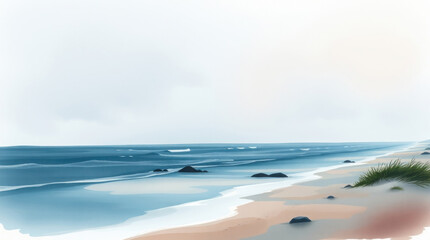 Serene Coastal Landscape Watercolor Painting