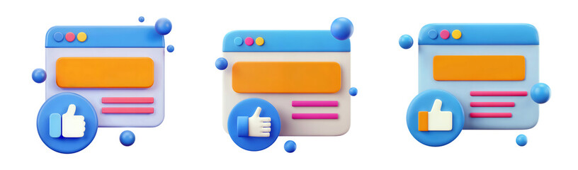 Engaging 3D social media interface with thumbs up icon and vibrant elements digital marketing isolated on png transparent background