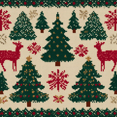 Knitted Christmas pattern with trees and reindeer