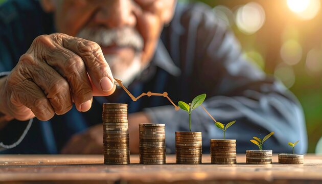 Elderly hand traces an upward trend above stacks of coins and small sprouts in a bright, natural setting