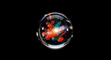Cosmic Ink Swirls in Glass Sphere Galaxy Universe Art Nebula Design Isolated Black.