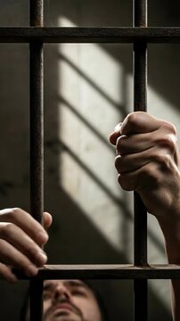 Inmate behind prison bars reaches out with a somber, intent gaze.