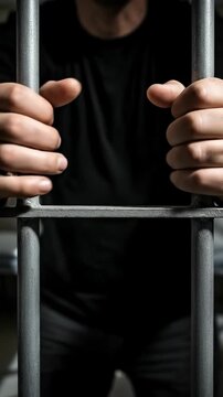 Person in prison grips metal bars, conveying confinement and isolation behind a jail cell.