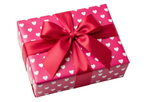 A pink gift box with white hearts and a red ribbon bow - Powered by Adobe