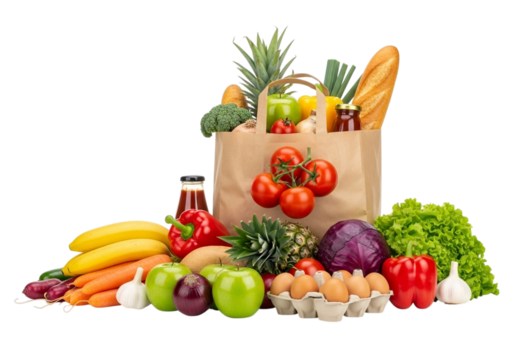 A full grocery bag overflowing with fresh fruits and vegetables