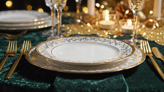 Elegant Christmas Dinner Table Setting with Gold and Green Decor, Festive Holiday Meal Ambiance.