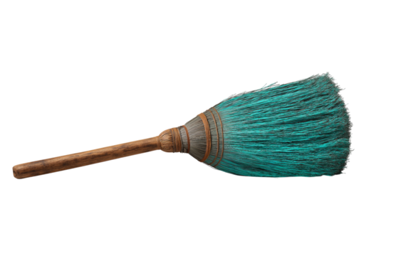 Turquoise and gray broom with wooden handle isolated on a transparent background