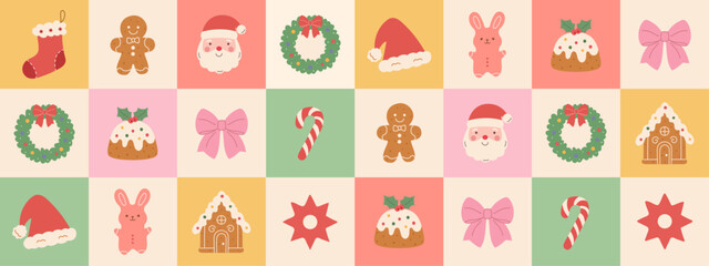 Retro vintage Christmas seamless pattern featuring hand-drawn holiday elements—pink bows, pudding, socks, gingerbread, candy canes, toys, Santa, Santa’s hat, and wreaths.Festive Xmas mosaic background