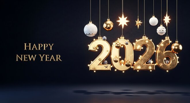 Golden 2023 balloons and festive ornaments hang against a dark background with happy new year text