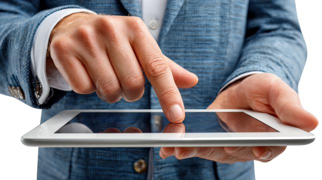 Tablet interaction: A focused hand navigates a tablet, interacting with its display in a close-up, illustrating technology at work. 